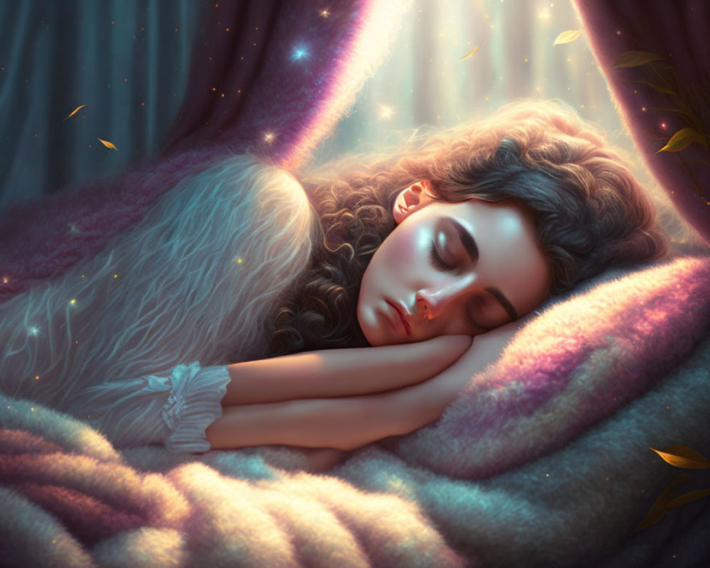 Tranquil illustration of woman sleeping in cozy setting