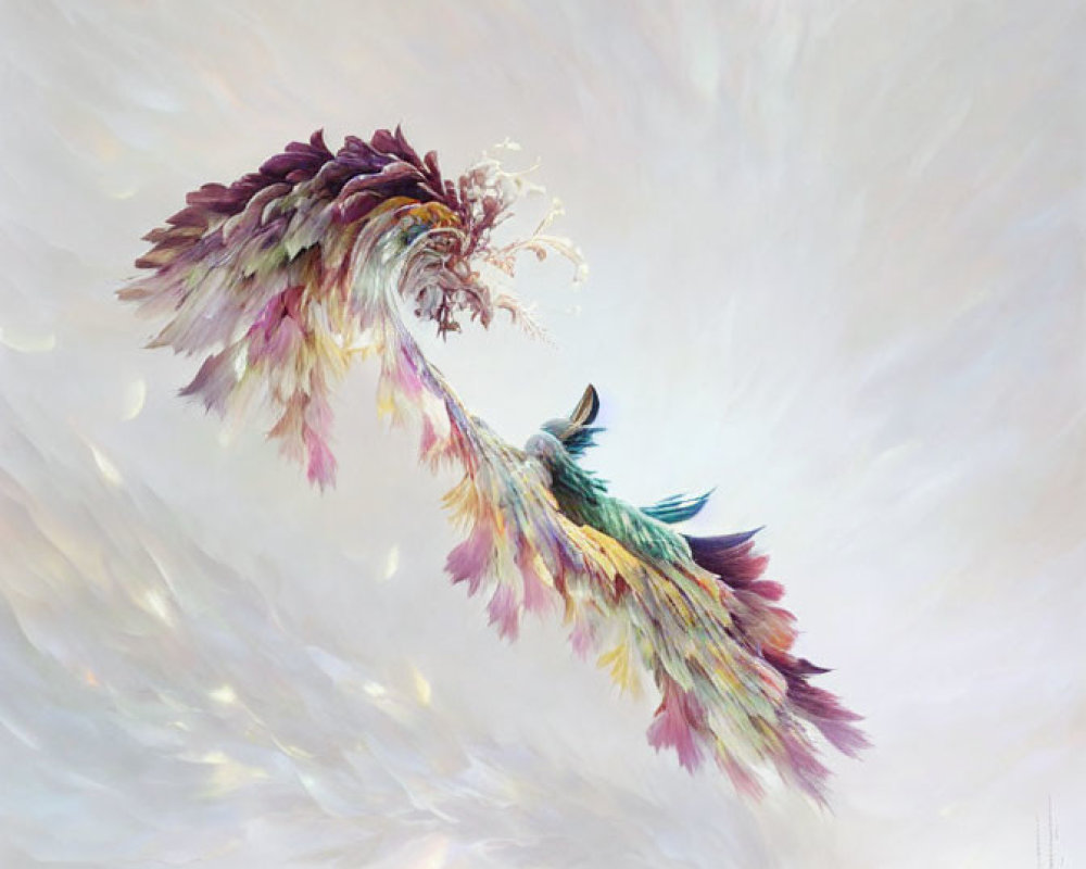 Colorful ethereal birds in flight against dreamy backdrop
