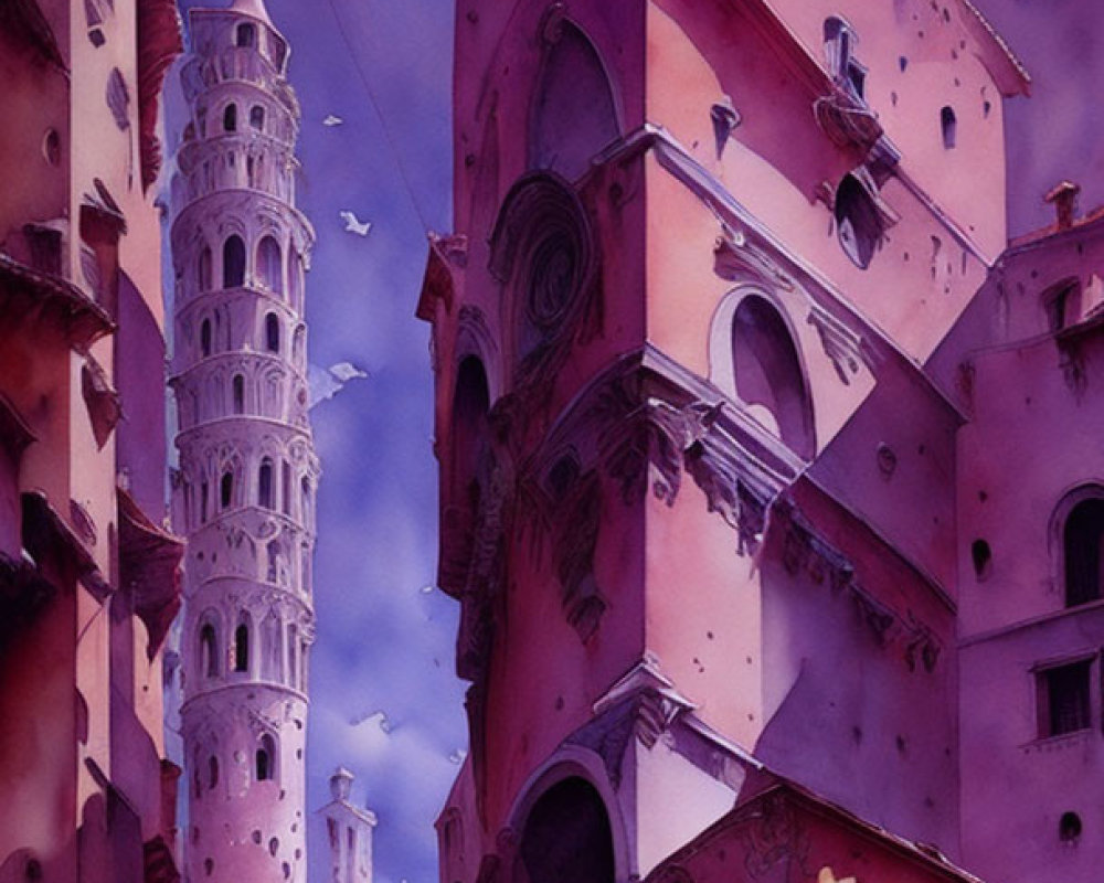 European-style street painting with tall rose-hued buildings and purple sky.