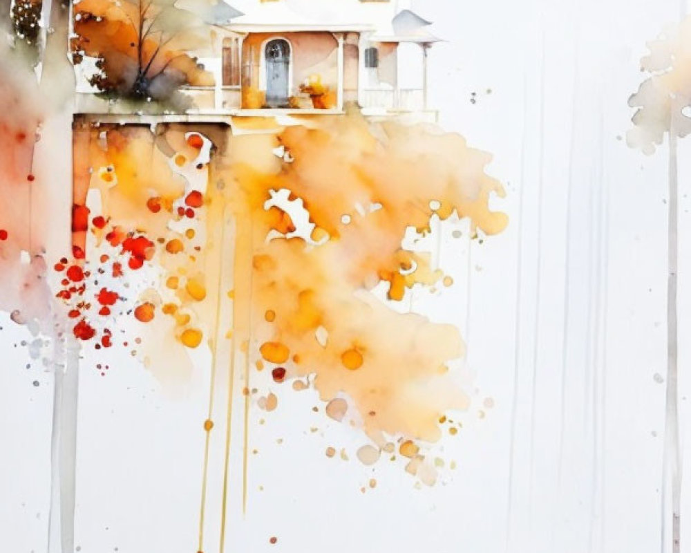 Whimsical watercolor painting of floating house and autumn trees