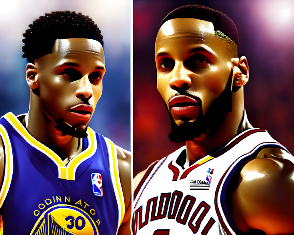 Stylized basketball players in blue and white jerseys with intense expressions