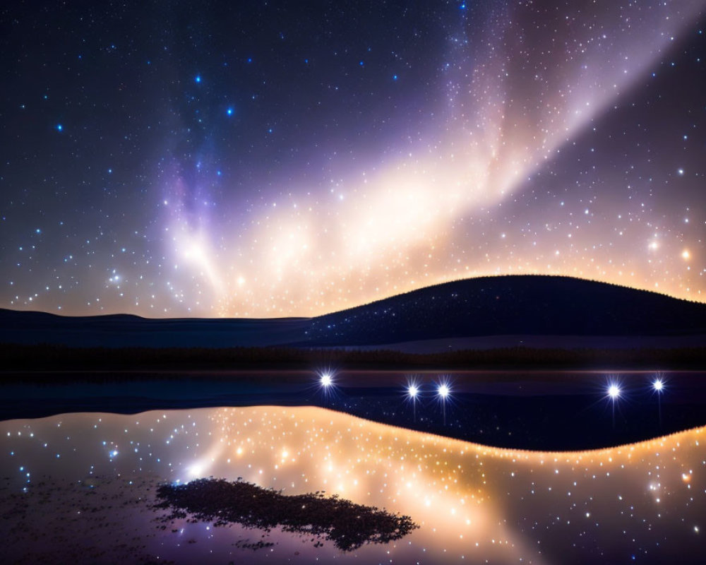 Tranquil lake scene with starry sky and milky way reflections