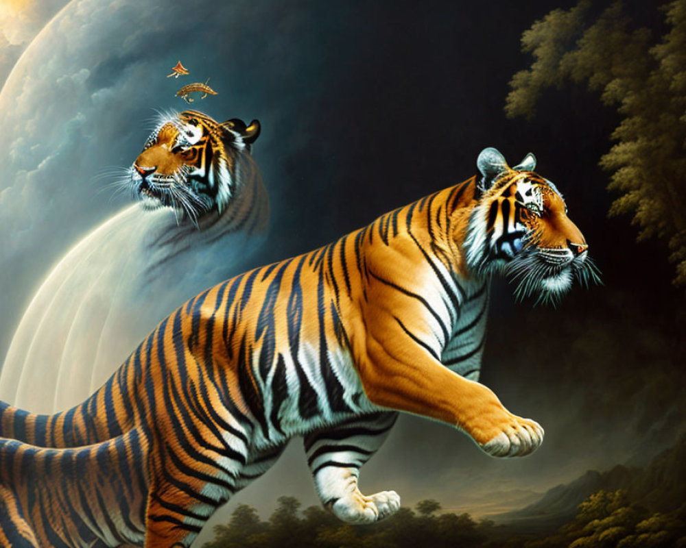 Two tigers in surreal landscape with moon, trees, and birds