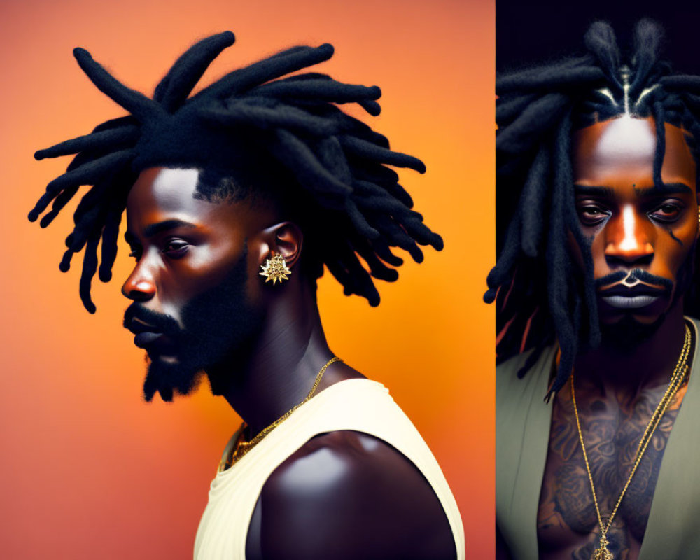 Portrait of a person with dreadlocks, gold star earring, and necklace on orange background