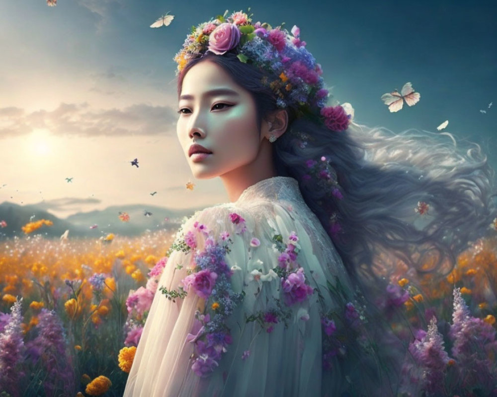 Woman with floral crown gazes amid blooming field and butterflies
