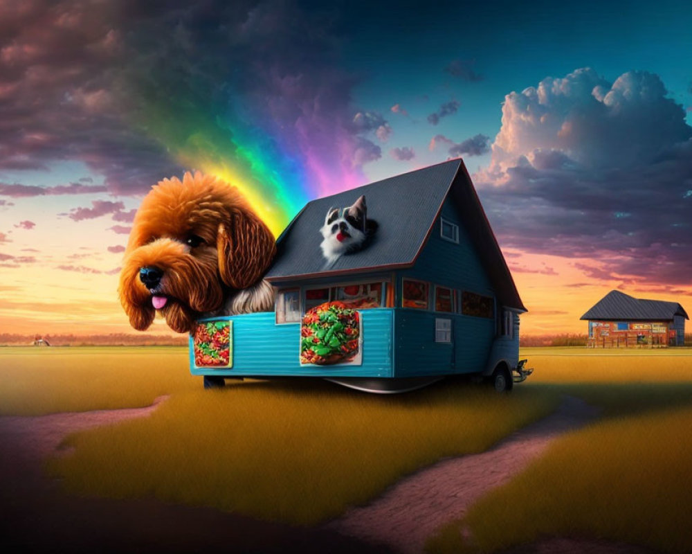 House with Dog Features Moving Through Countryside Landscape at Sunset