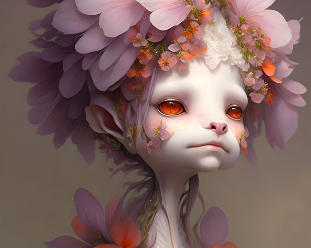 Fantastical creature with pale skin, red eyes, adorned with pink and orange flowers