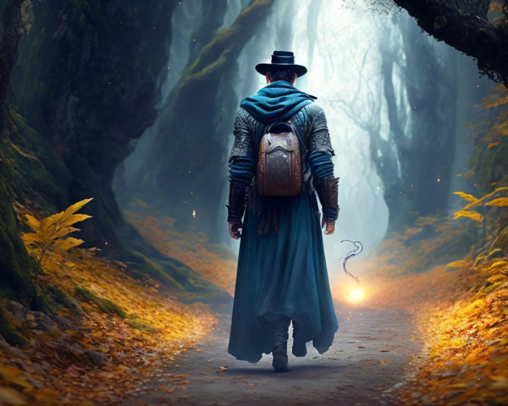 Person in blue cloak walking in autumn forest towards glowing light with misty cliffs.