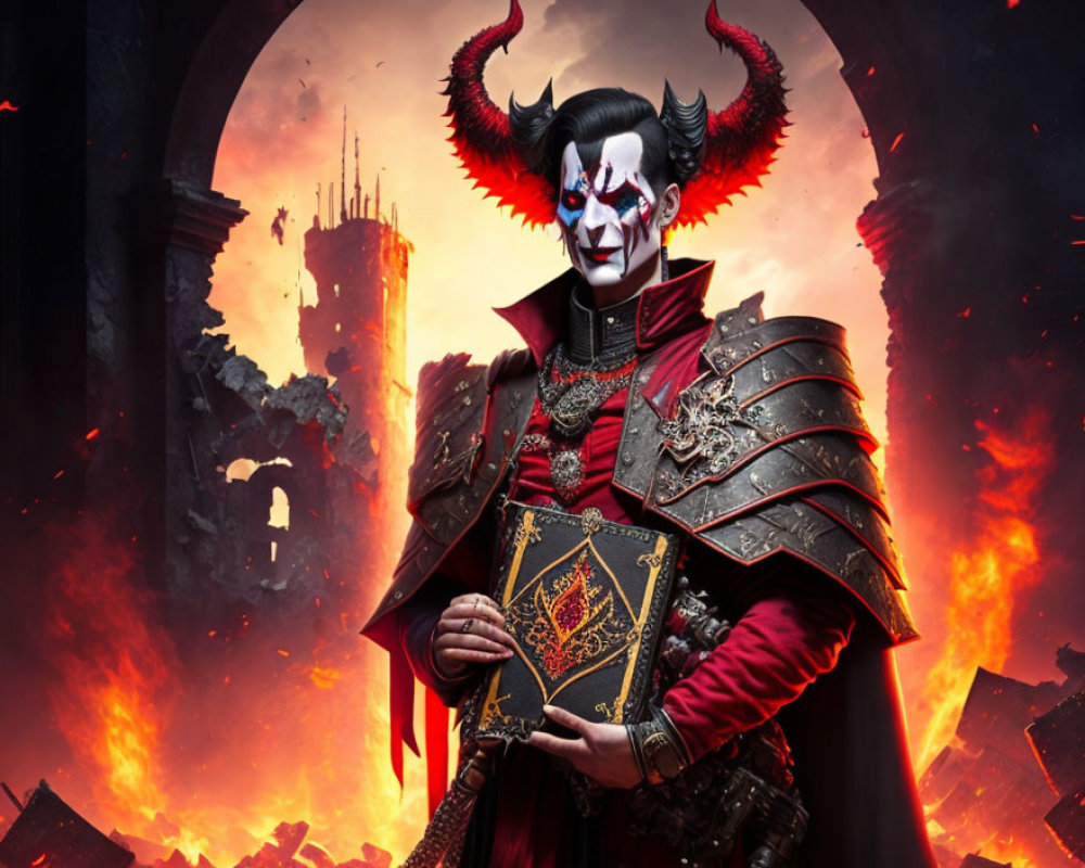 Demonic character in intricate makeup holding book against fiery backdrop