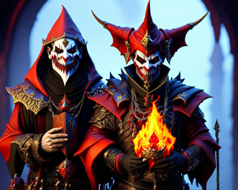 Ornate red and black demonic figures with flaming artifact and staff on moody blue backdrop