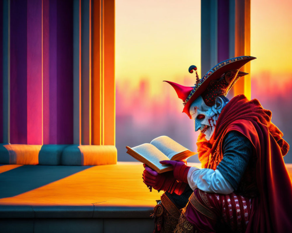 Elaborate jester costume with skull mask reading book at sunset.