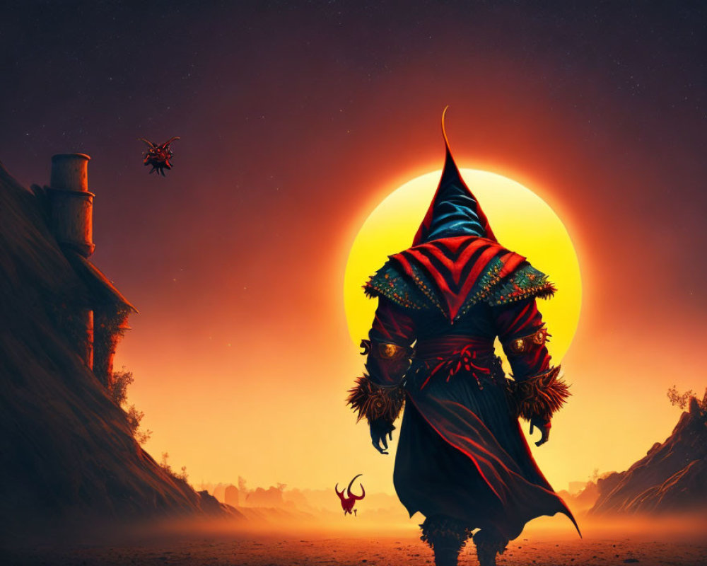 Cloaked figure near glowing orb, drone, and small creature at dusk