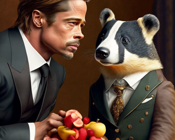 Human and anthropomorphic badger in formal attire with fruit bowl on brown backdrop