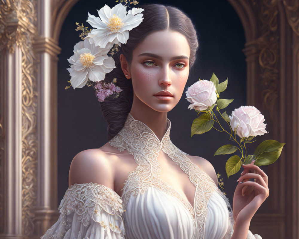 Serene woman in white lace dress with flowers holding a white rose