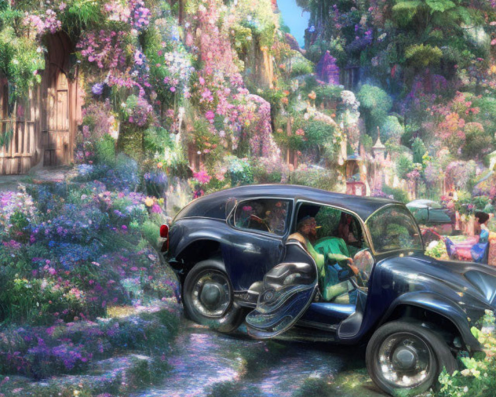 Vintage Car Driving Through Flower-Lined Path