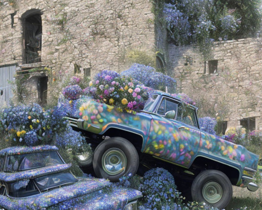 Abandoned truck and car covered in colorful flowers near a dilapidated stone building