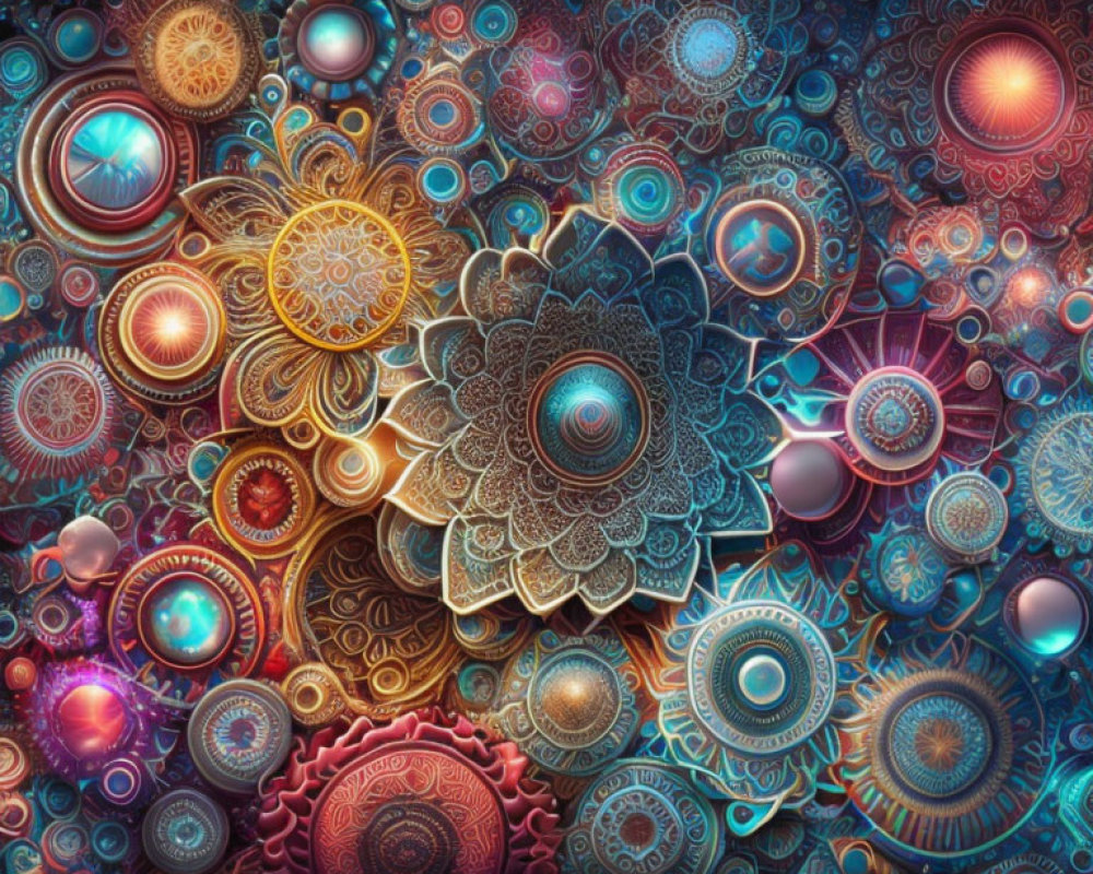 Intricate digital artwork: Vibrant mandala patterns with cosmic backdrop