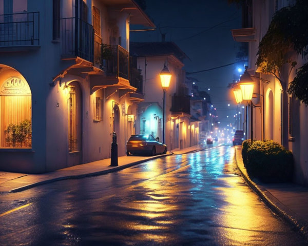 City street at night with glowing lamps and wet pavement