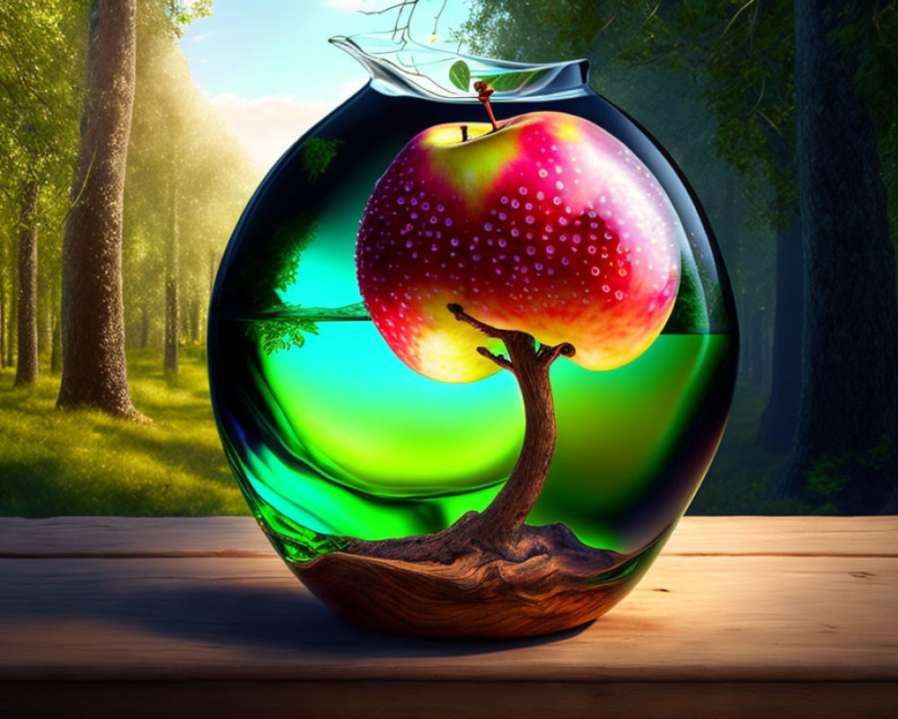 Surreal image: Ripe apple in glass vase on wooden surface