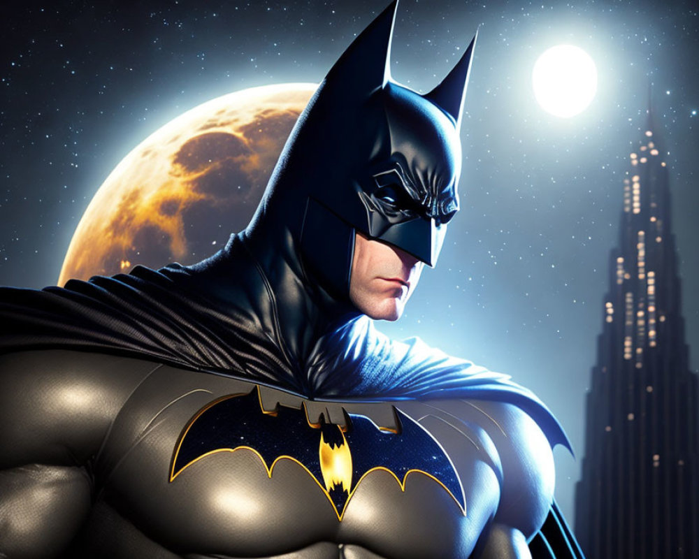 Famous superhero in iconic costume in nighttime cityscape
