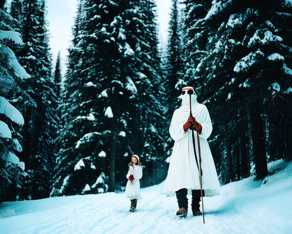 Adult and child walking in snowy forest with ski poles, wearing warm winter clothing