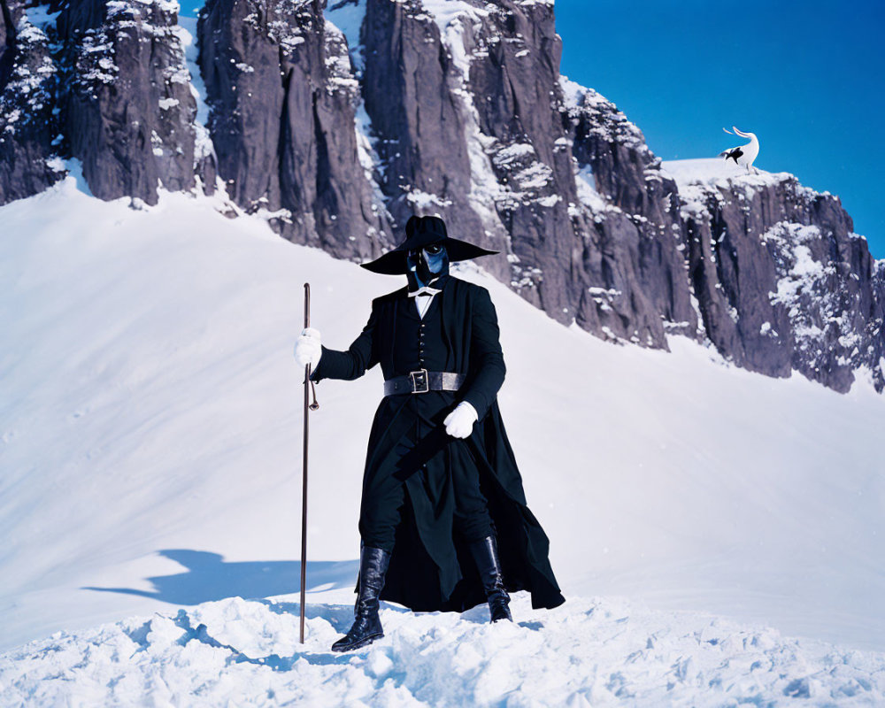 Plague Doctor in long beak mask on snowy landscape with staff