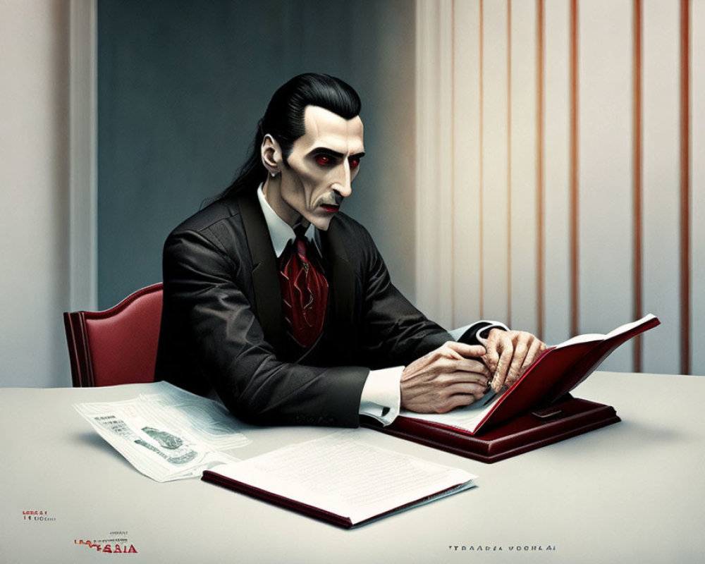 Stylized vampire businessman at office desk with ledger, money, and calculator.
