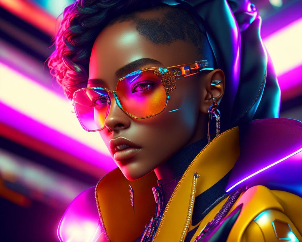 Vibrant digital artwork of a woman with neon lighting and pink sunglasses