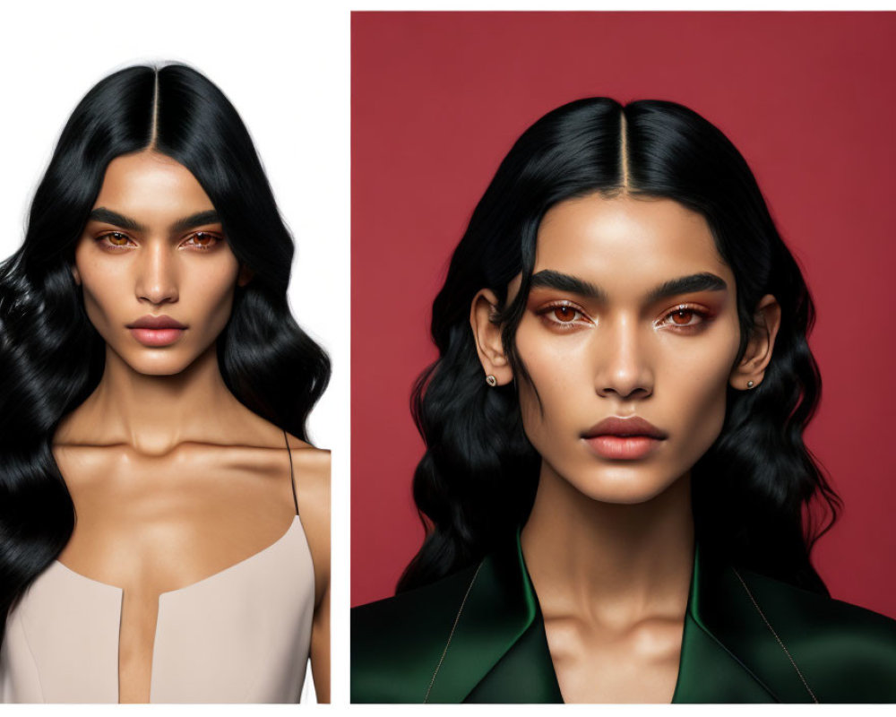 Side-by-side portraits of woman with wavy black hair in beige top & green jacket on red background