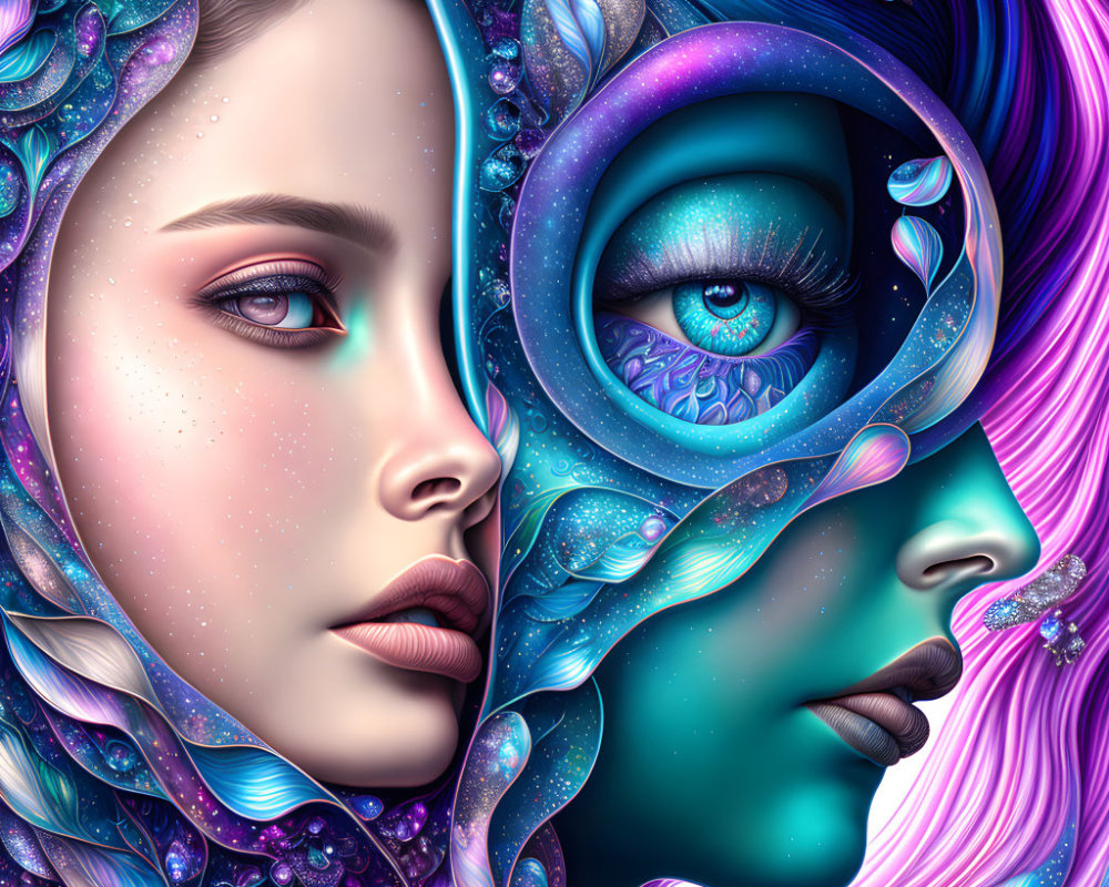 Detailed cosmic and floral profile faces in purple, blue, and pink hues