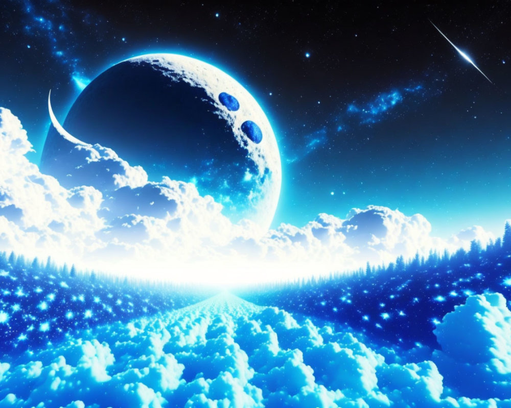 Surreal cosmic landscape with crescent moon, blue forest, and shooting star