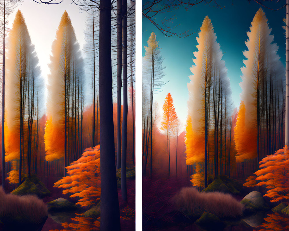 Mystical forest with tall trees and orange foliage in ethereal light