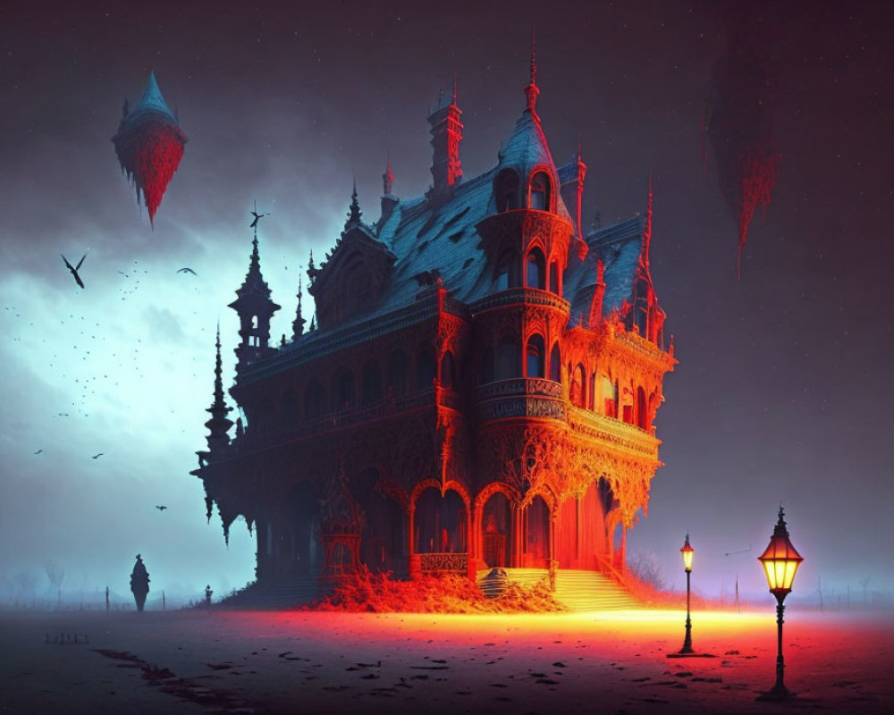 Gothic mansion in dusk sky with floating islands and misty landscape