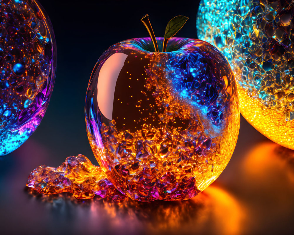 Translucent apple with honeycomb structure and glowing spheres on dark backdrop