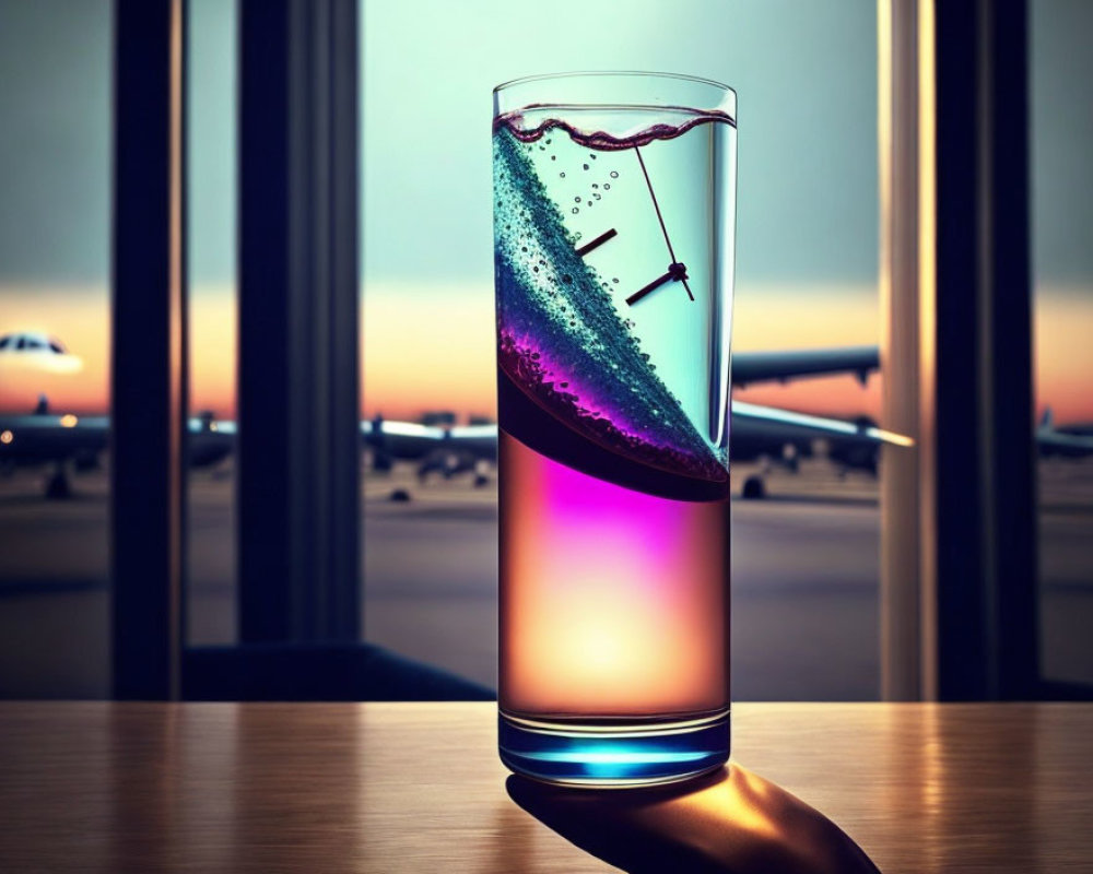 Glass with galaxy-like liquid & clock hands on airport runway at dusk