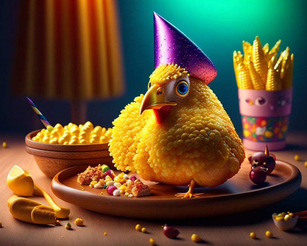 Colorful 3D illustration: Chicken in party hat with candy plates, French fries, and toy