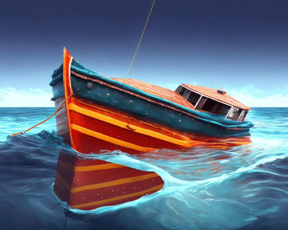 Colorful Wooden Boat Drifting on Serene Blue Ocean