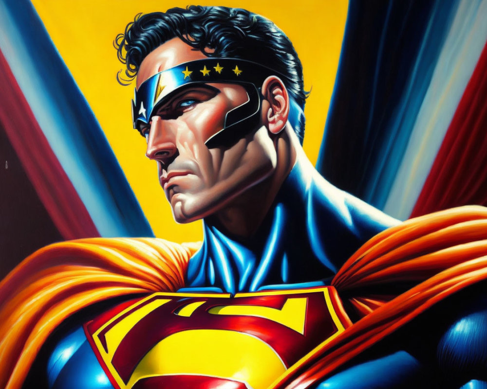 Male superhero in blue suit, red cape, star-spangled headband