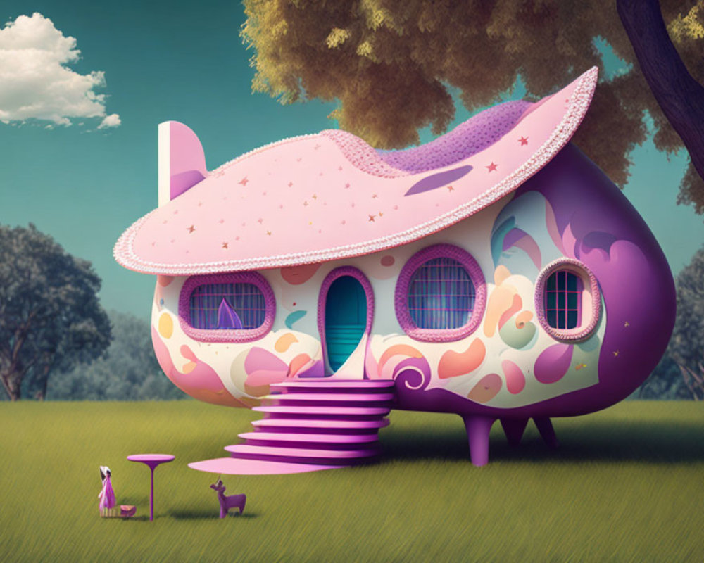 Whimsical purple house with pink hat-like roof in fantasy landscape