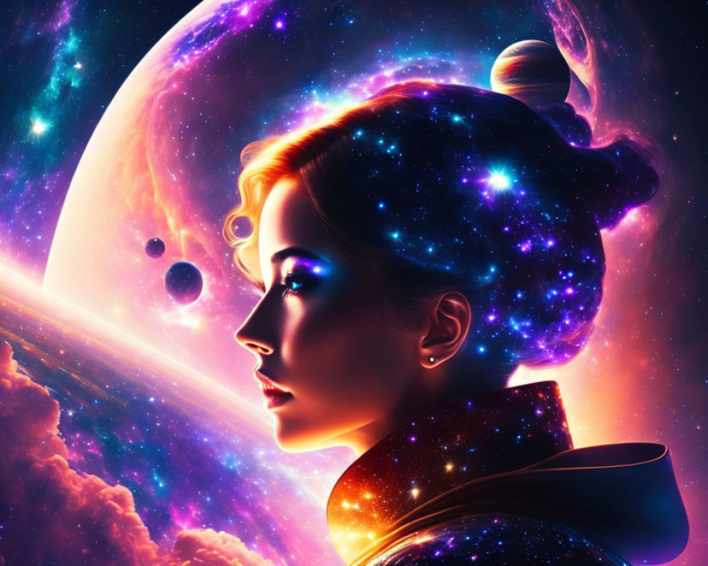 Cosmic-themed surreal portrait of a woman
