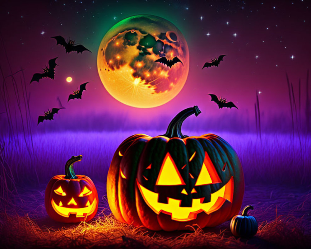 Three jack-o'-lanterns under eerie full moon and bats in purple night scene