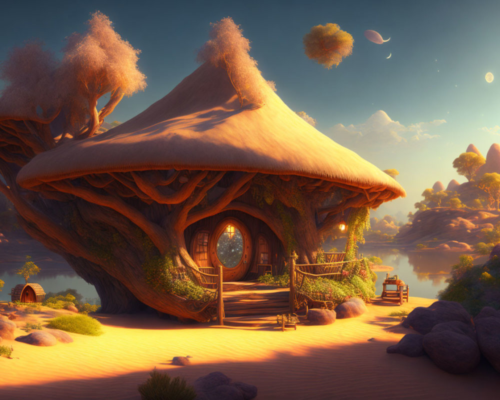 Illustration of oversized mushroom-shaped treehouse in serene twilight landscape
