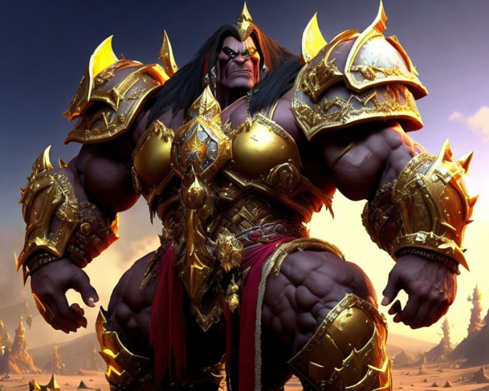 Animated character in gold-trimmed armor under dusky sky