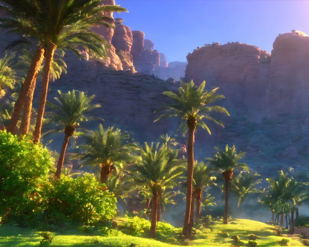 Tropical oasis with palm trees and rock formations under soft sky
