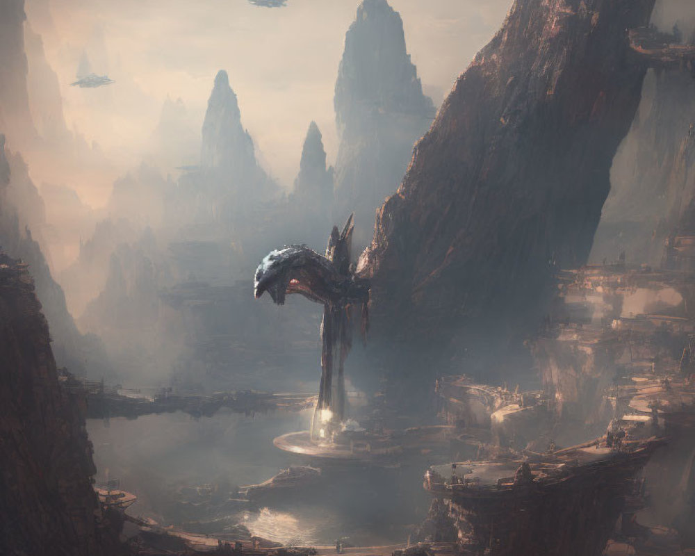 Mystical landscape with rock formations, floating island, waterfall, and airships under gloomy sky