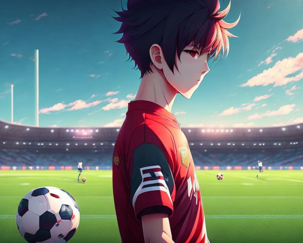 Dark-Haired Animated Character in Red Soccer Jersey at Stadium