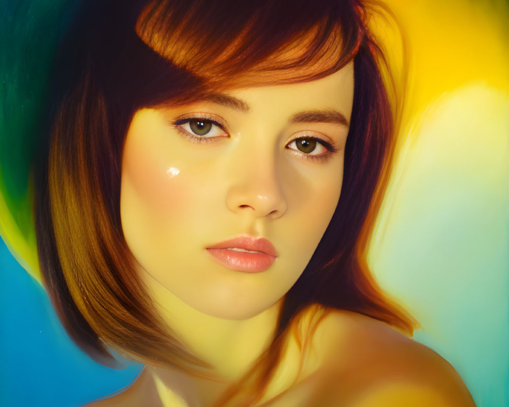 Bob Haircut Woman in Contemplative Pose on Yellow and Blue Background