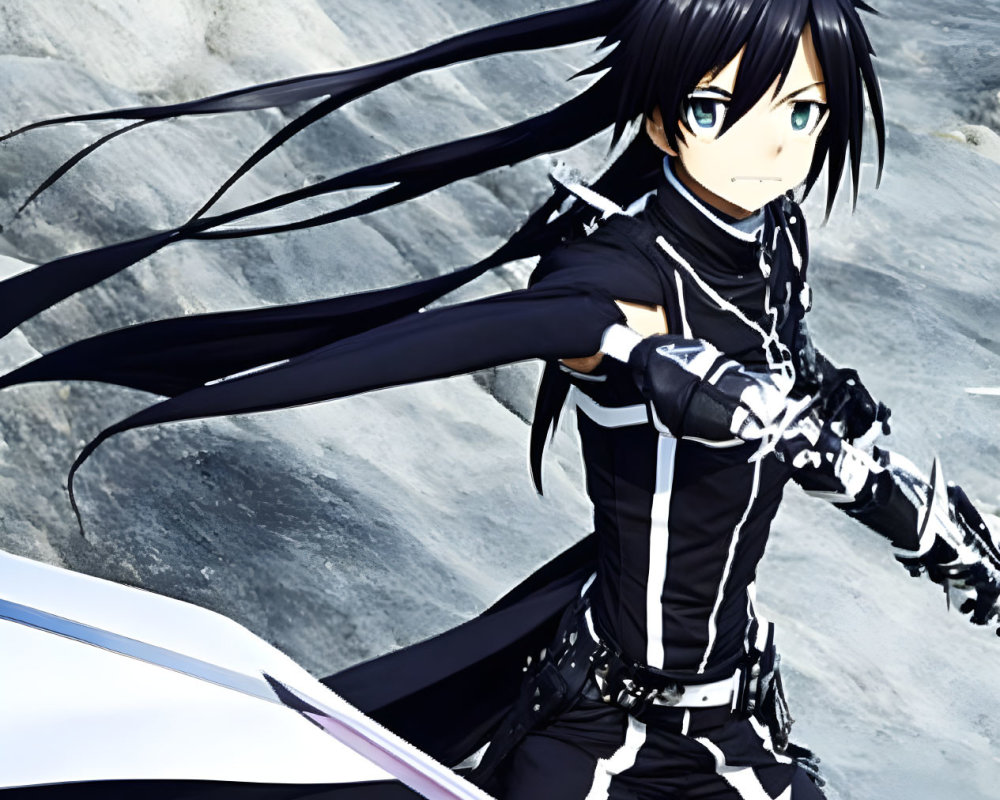 Black-haired animated character in black & white attire with sword on rocky terrain