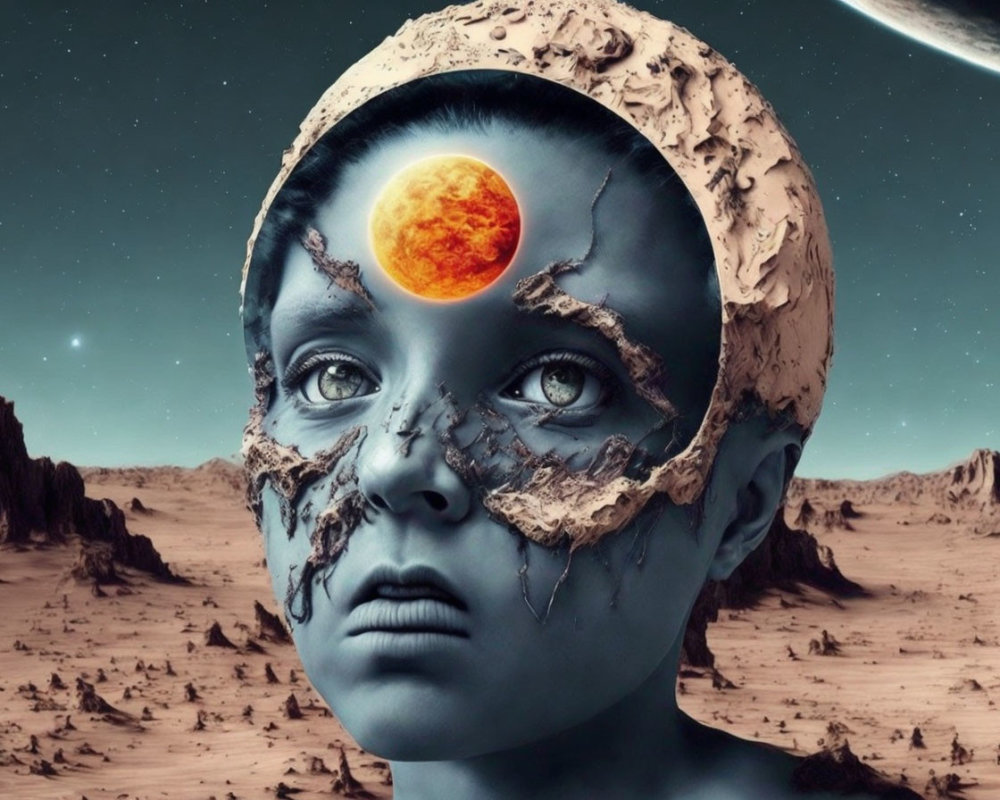 Surreal child's face with cracked surface and blazing sun on Martian landscape