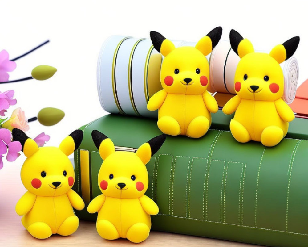 Three Pikachu plush toys with colorful books and pink flower.